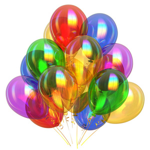 彩色派对气球半透明。生日活动装饰五彩红紫黄绿蓝。3d 插图