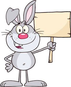 有趣的灰兔子卡通人物拿着一块木板