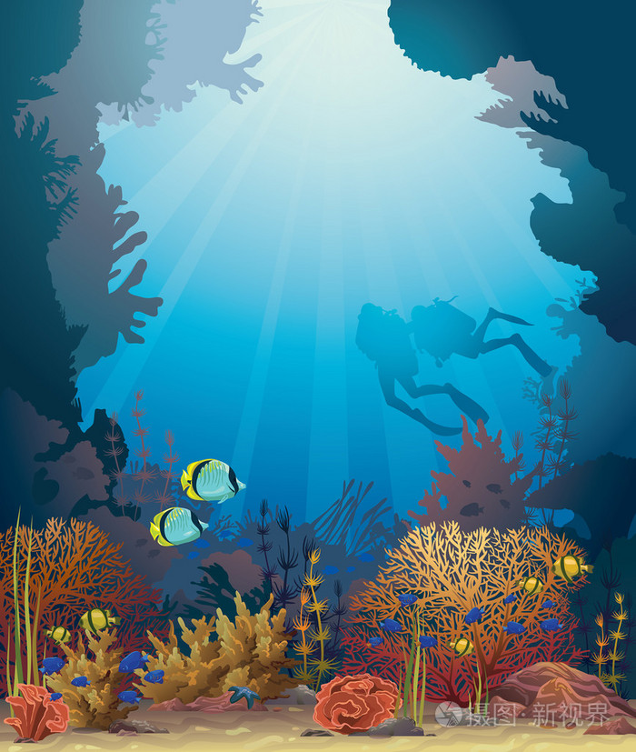 珊瑚礁和深海潜水者插画-正版商用图片08b80t-摄图新视界