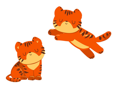 两只野猫两只可爱的卡通老虎被孤立在白色背景, 矢量插图照片