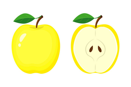 全黄苹果和半苹果切片矢量插画孤立