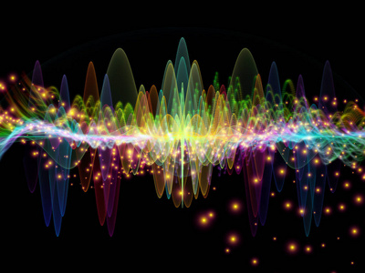波函数系列。基于声音均衡器音乐谱和量子概率的彩色正弦振动光和分形元素的背景设计