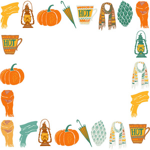 美丽的手绘制舒适的秋季矢量插图。框架与要点。雨伞, 咖啡杯, 南瓜, 围巾。刻字设计。Eps10
