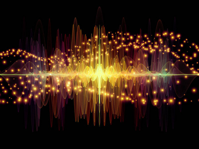 波函数系列。设计由有色正弦振动光和分形元素为隐喻的声音均衡器音乐谱和量子概率