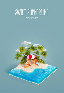 沙滩伞下的甲板椅, 位于美丽的海岛沙滩上, 在夏天的一块块上。不寻常的3d 插图。旅行和度假概念
