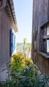 两间木屋之间的海景