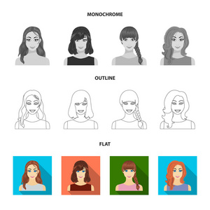 类型的女性发型扁平, 轮廓, 单色图标在集合中进行设计。妇女的出现矢量符号股票 web 插图