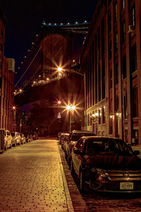 纽约城的夜景。布鲁克林大桥
