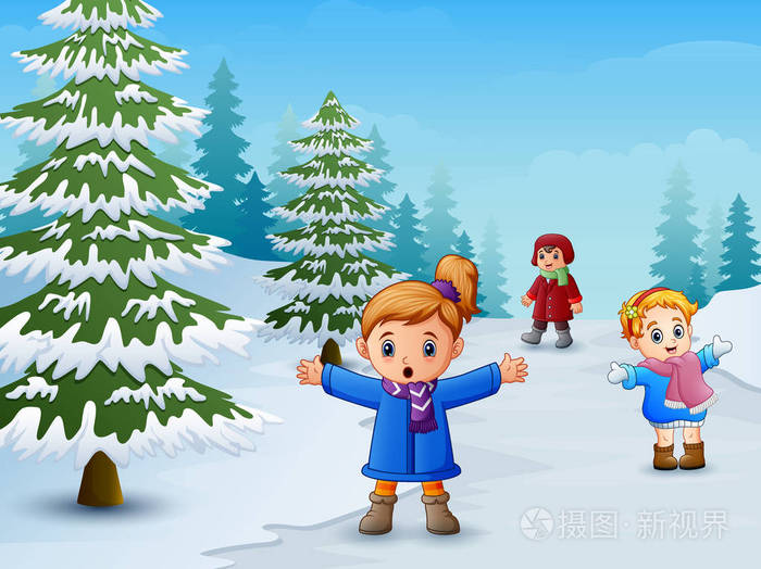 快乐的孩子在冬天风景演奏