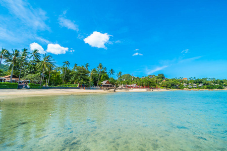 美丽的热带海滩海和沙子与椰子棕榈树在蓝天白云为旅行和假期