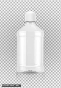空白包装漱口水透明塑料瓶在虚拟透明网格背景下, 为产品设计准备裁剪路径