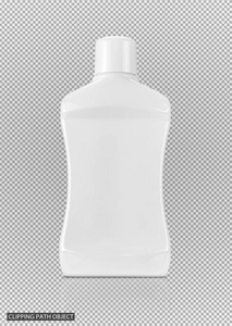 空白包装漱口水白色塑料瓶在虚拟透明网格背景下, 为产品设计准备裁剪路径