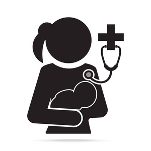 婴儿和母亲与听诊器图标。体格检查医学标志图标