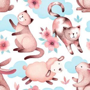 水彩插图猫, 绵羊, 兔子和花朵。无缝模式