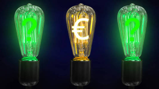 欧元汇率增长的概念。赚钱的想法。带欧元符号的灯泡