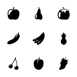 矢量黑色水果和蔬菜的图标集