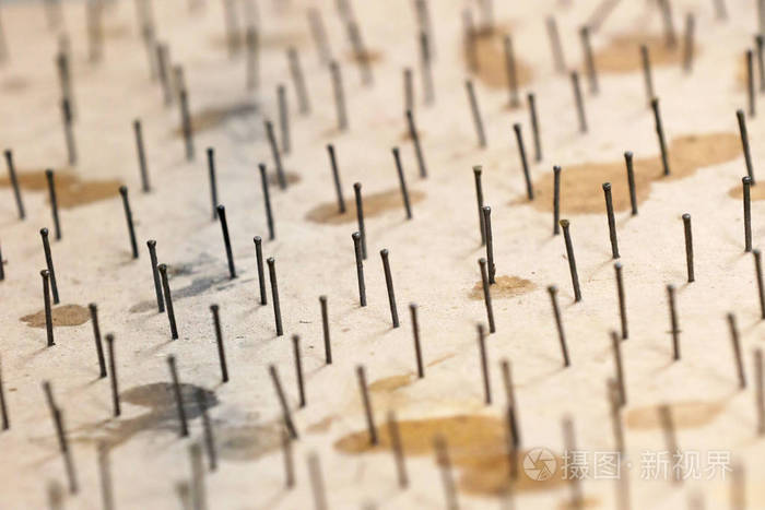 钉在木板上的多根钉子
