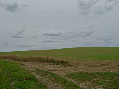 背景中的田野和云层的泥土路侧视图
