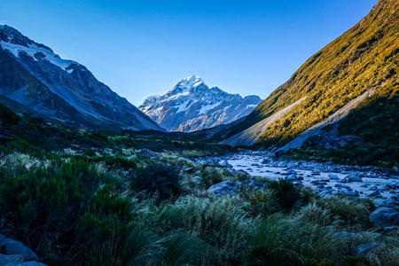 在日落时的冰河河,奥拉基登上厨师,新西兰