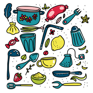 涂鸦卡通厨房元素大集。食物和 utencils 手画的图标。儿童书籍和房间装饰的彩色矢量插图