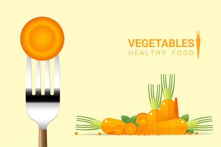 胡萝卜放在叉子上一堆萝卜背景, 健康食品概念, 矢量, 插图