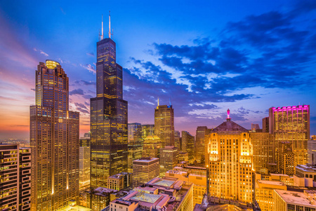 芝加哥, 伊利诺伊州, 美国市中心城市天际线黄昏