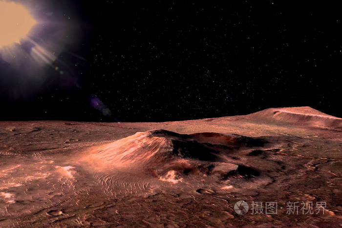 火星-红色的行星.火星表面有丘陵,口和大气中的灰尘.镜头耀斑.