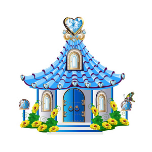 漫画金木研童话般的房子, 蓝色的水晶.矢量插图照片