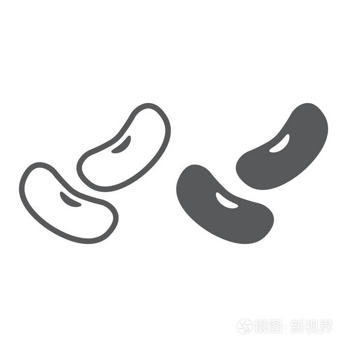 插画 芸豆线和字形图标, 蔬菜和饮食, 素食符号, 矢量图形, 一个白色