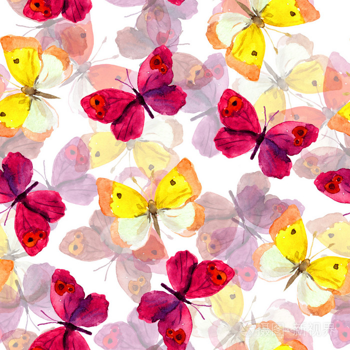 无缝春天壁纸与多彩水彩绘画的红色和黄色的蝴蝶