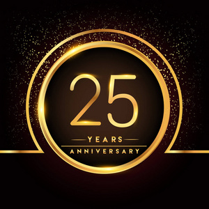 25年周年纪念庆祝标识。黑色背景的金色标志, 问候或邀请卡的矢量设计