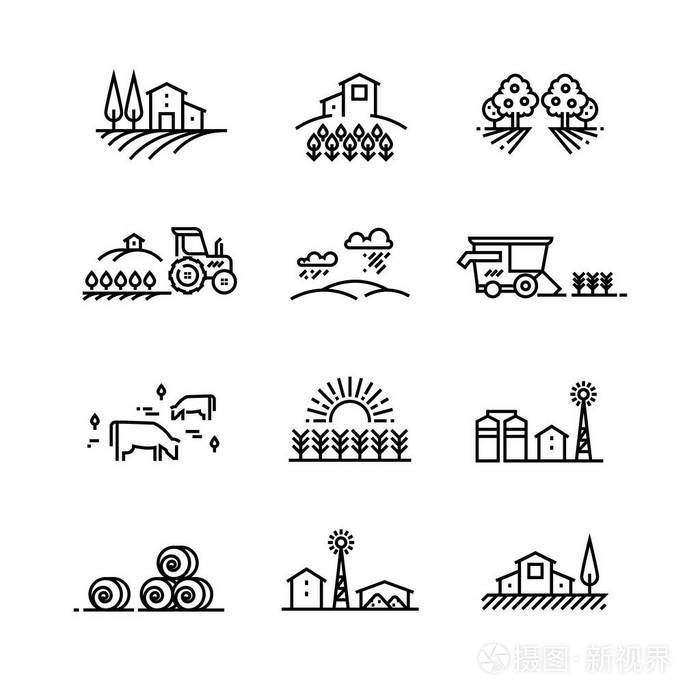 插画 村庄线风景与农业领域和农场大厦.线性耕作向量概念.eps