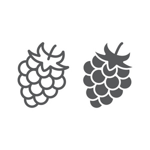 黑莓线和字形图标, 水果和维生素, 树莓符号, 矢量图形, 在白色背景上的线性模式, eps 10