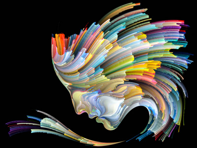 内部世界人性和艺术灵魂的项目中的人剖面和彩色线条的抽象构图照片