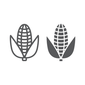 玉米线和字形图标, 蔬菜和饮食, 玉米符号, 矢量图形, 在白色背景上的线性模式, eps 10