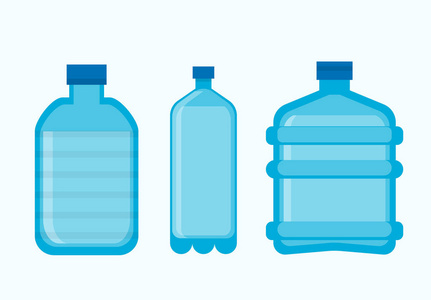 塑料瓶不同的形状。带有水果汁或汽水饮料和液体盖子的空透明容器的矢量隔离图标
