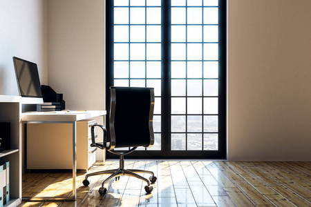 现代的工作空间, 家具, 落地窗, 木地板和城市景观.3d 渲染照片