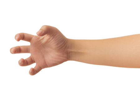 人类手伸伸出手, 显示5指手势在白色背景上与裁剪路径隔离, 低对比度用于润饰或图形花样图片