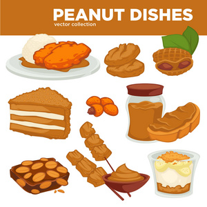 花生菜的食物或饮料和甜点。花生黄油, 素食饼干, 糕点蛋糕和巧克力成分的矢量图标