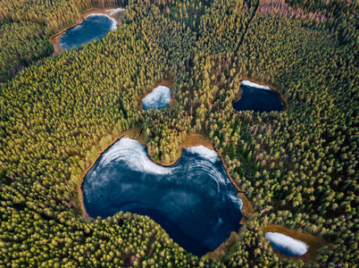 空中无人机的部分冷冻湖的照片, 周围环绕着美丽的绿色的田野和森林