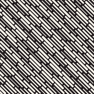 黑色和白色不规则圆角虚线模式。现代抽象矢量无缝背景。时尚长方形条纹马赛克