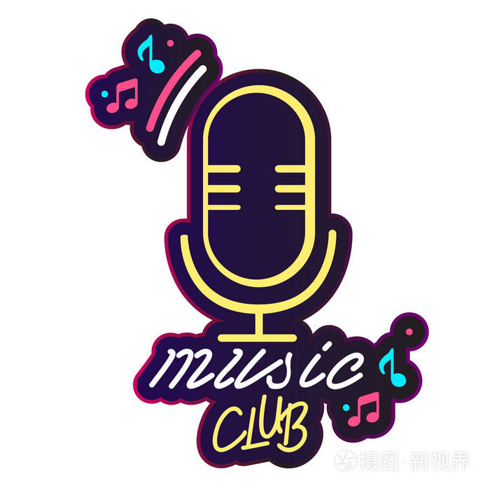 霓虹灯音乐俱乐部复古麦克风背景矢量图像