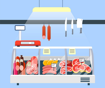 肉类展台超市, 肉类展示冰箱展示矢量插画照片