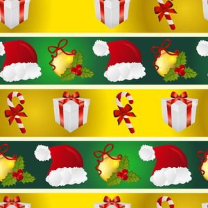 新的一年模式与圣诞老人的帽子 礼物 圣诞树玩具和条纹的糖果