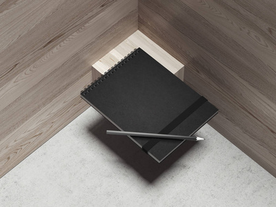 黑色记事本和黑色钢笔在木质背景, 3d 渲染