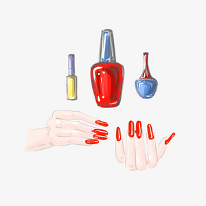 指甲艺术和指甲油套装, 美丽的手与红色指甲绘制矢量