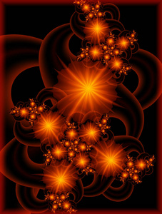 计算机生成的3d 分形。美丽的花卡橙色花在黑色背景。发光效果的花朵