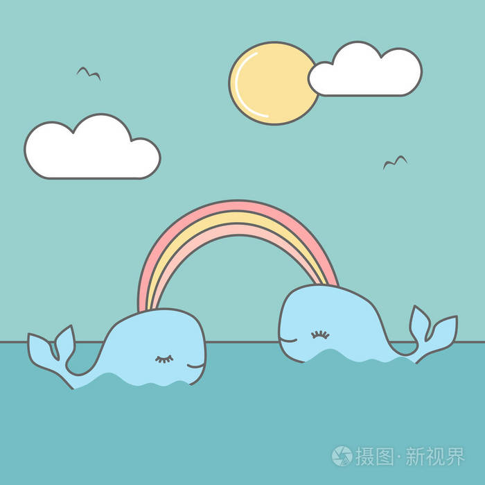 可爱的动画片鲸鱼在海与彩虹滑稽夏天媒介例证插画-正版商用图片08e5