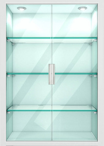 橱柜里有空的玻璃架子。3d 插图