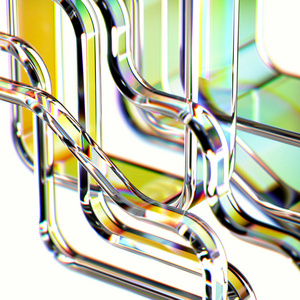 3d 渲染彩色背景与彩虹半透明图案。数码插画, 全息粉彩色彩, 绿瓶玻璃线隔离在白色背景上。彩虹折射